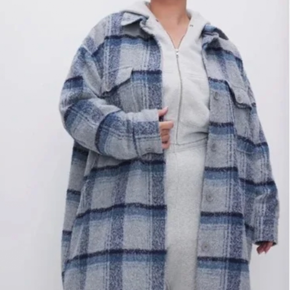 Good American Oversized Plaid Shirt Jacket Long